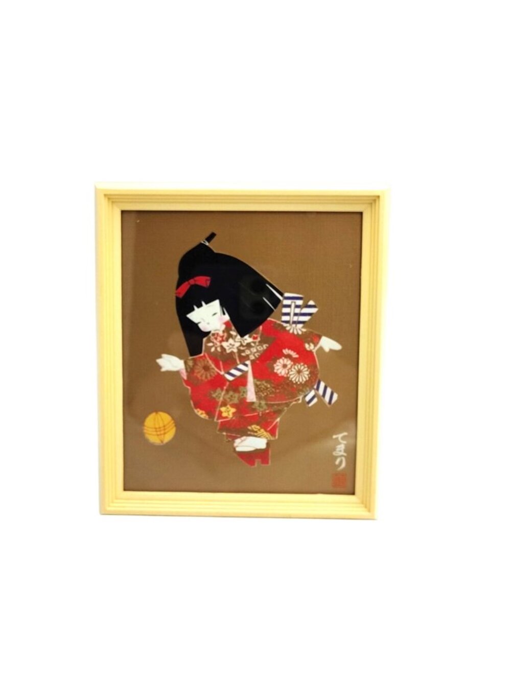 Vintage Japanese Oshie Fabric Collage Kimono Girl Temari Framed 3D Textile Art
